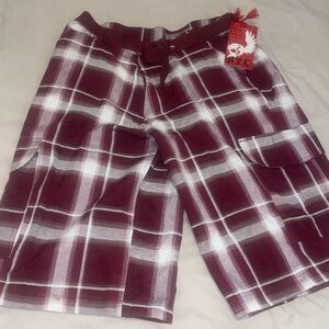 Men's Beyond The Limit Plaid Shorts - Maroon and White Tags ON!